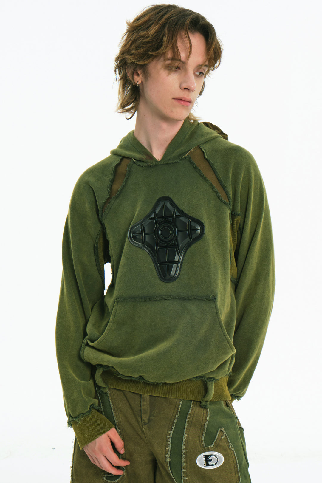 EMBRYO GREEN GUARD distressed armor hoodie — full-length modeled view