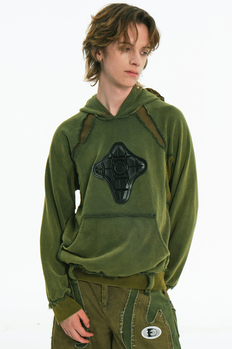 EMBRYO GREEN GUARD distressed armor hoodie — full-length modeled view