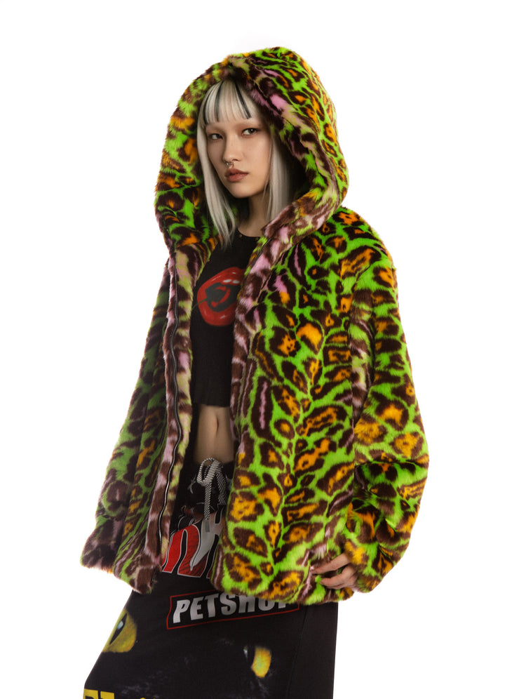 DeadEndKids leopard-print faux-fur hooded jacket in yellow green — modeled view with the hood up