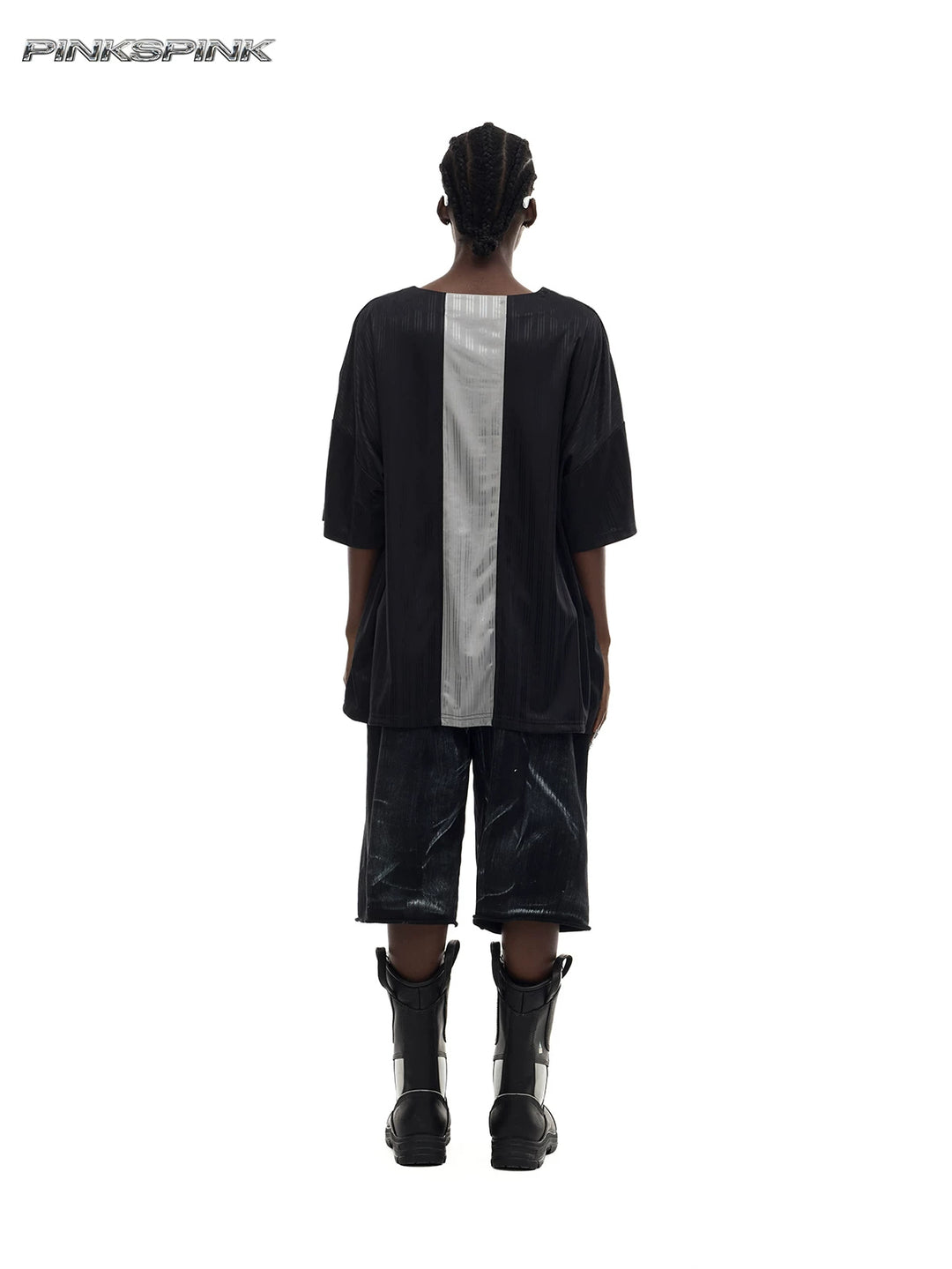 PINKSPINK FLAMECAT oversized sports jersey in black and gray — rear modeled view showing the silver-gray center stripe