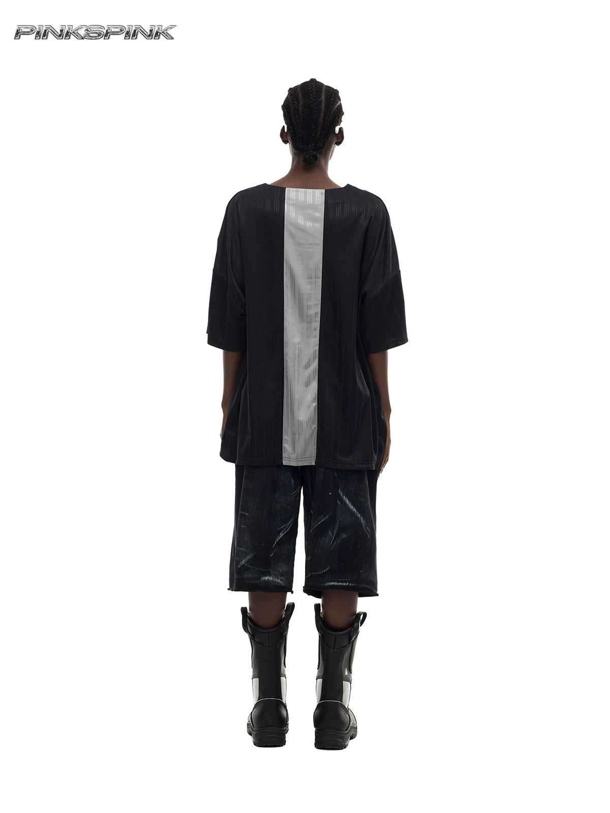 PINKSPINK FLAMECAT oversized sports jersey in black and gray — rear modeled view showing the silver-gray center stripe