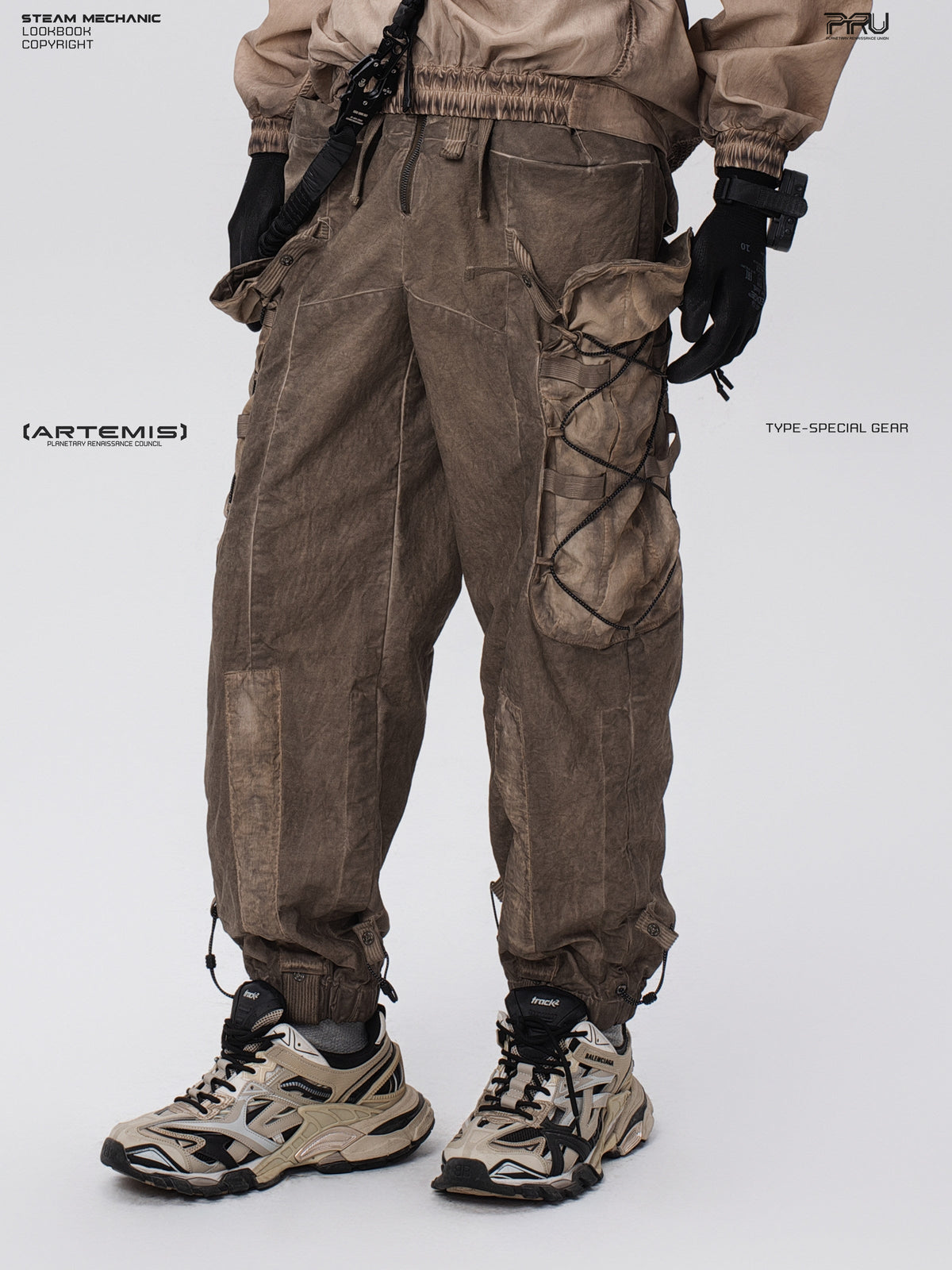 PIONEER gravel brown detachable-waist-bag work pants — full-length styled view