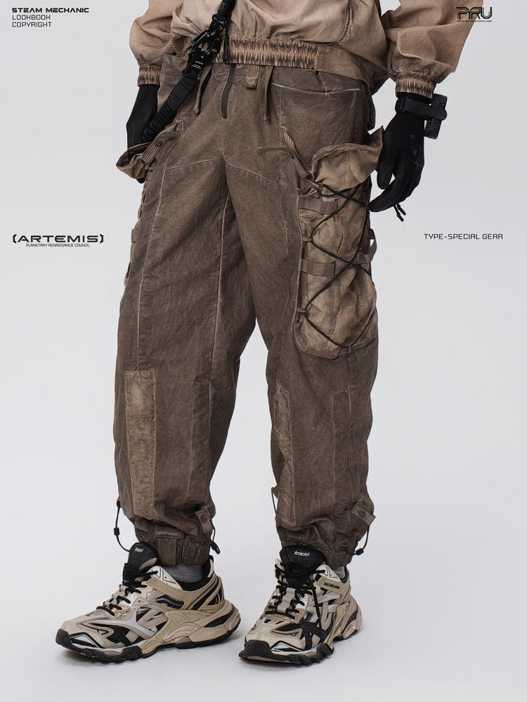 PIONEER gravel brown detachable-waist-bag work pants — full-length styled view
