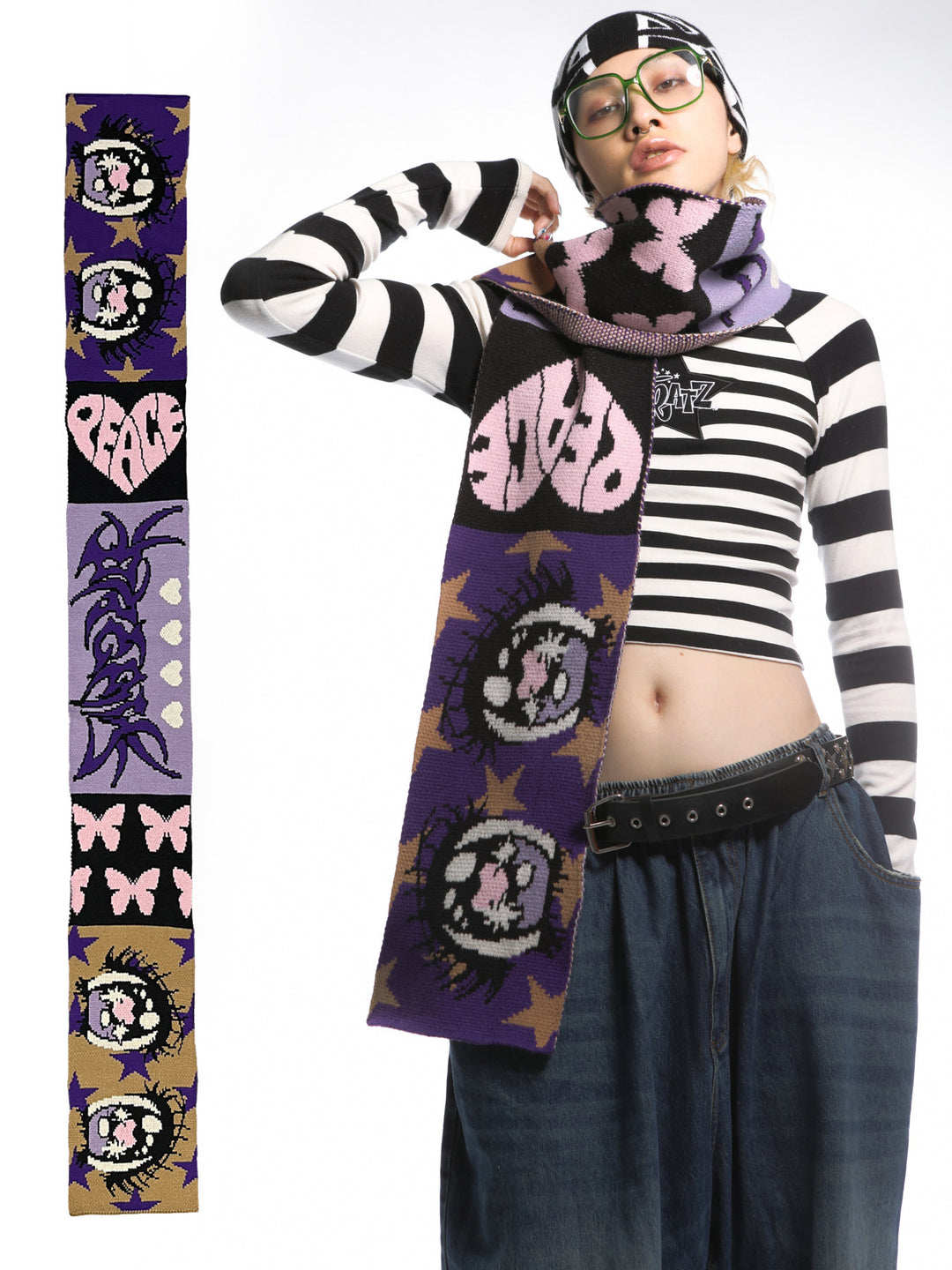 DEADENDKIDS ANIME EYES knit scarf & reversible hat — alternate product presentation
