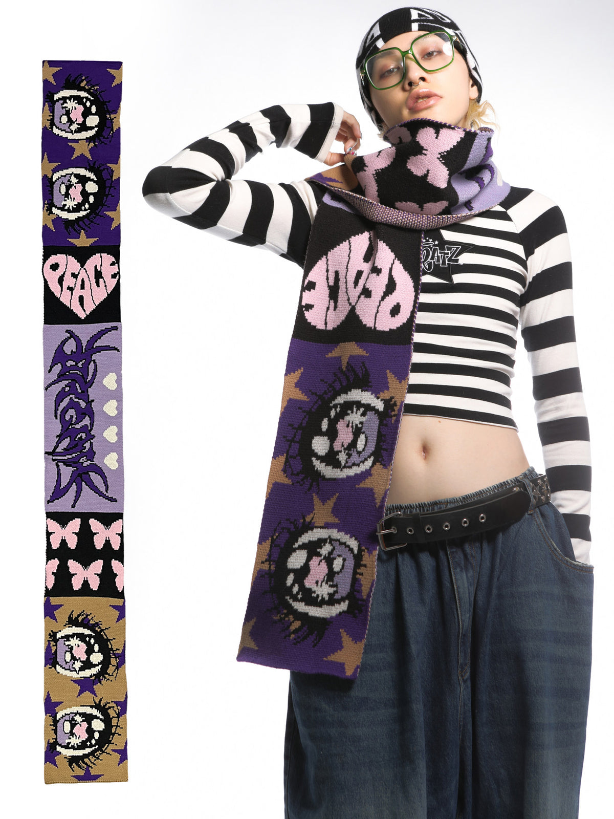 DEADENDKIDS ANIME EYES knit scarf & reversible hat — alternate product presentation