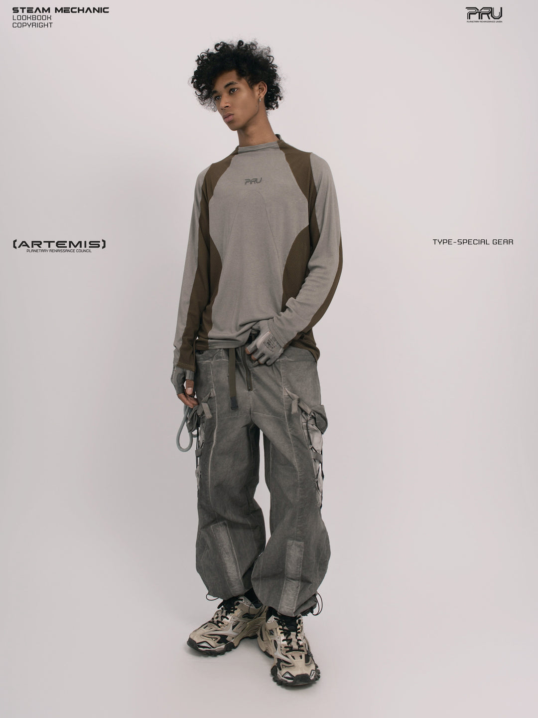 STARCORE ash tundra mesh-panel long-sleeve top b — full-length front three-quarter modeled view