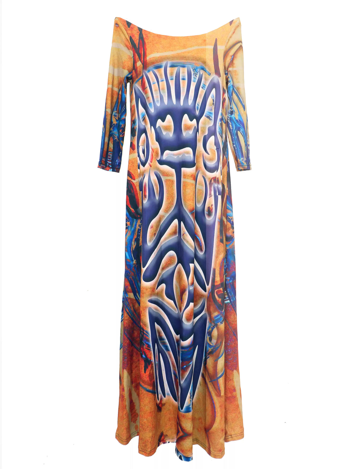 EMBRYO TRIBAL ENTITY off-shoulder maxi dress — front garment-only view