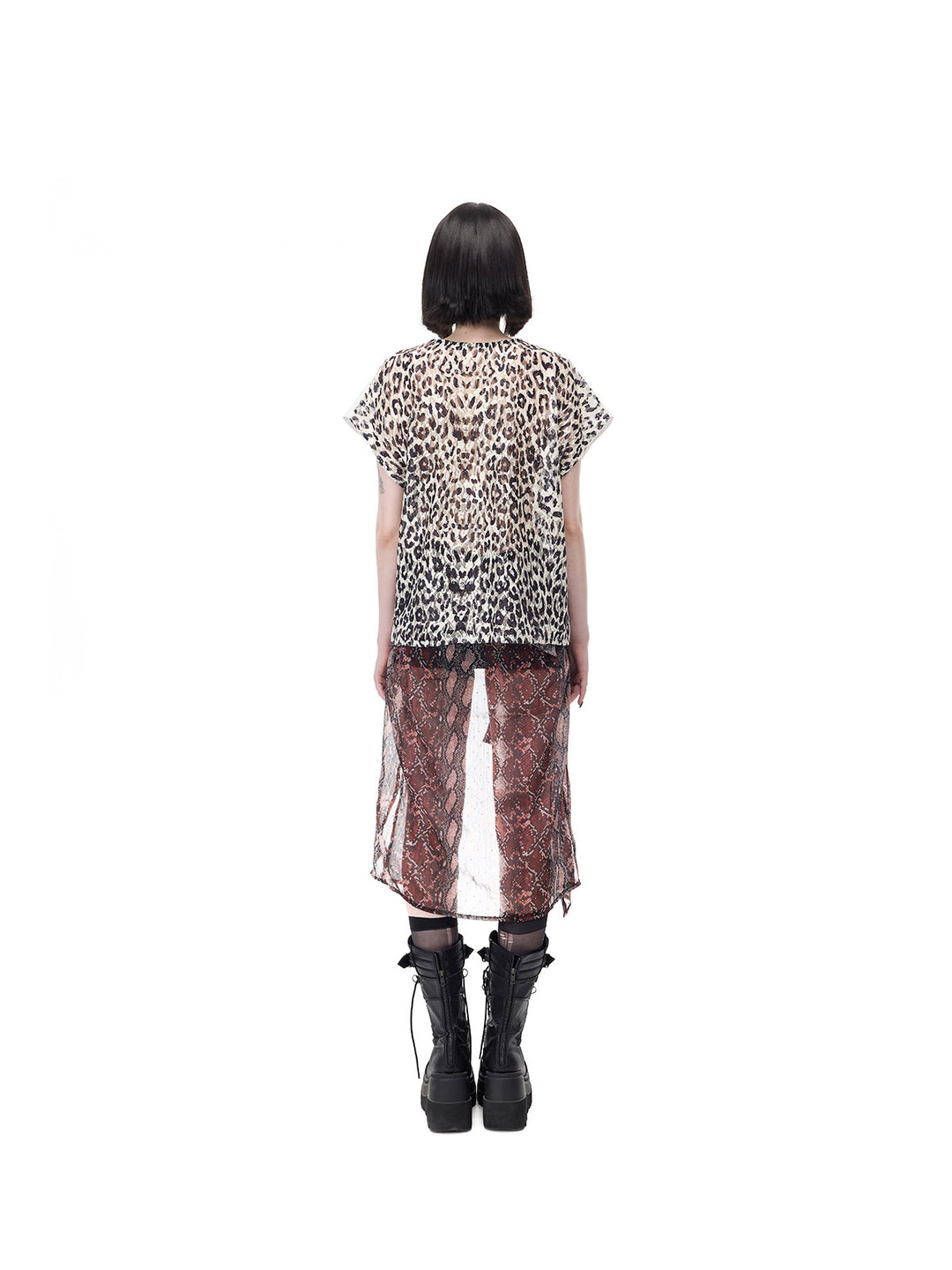 PINKSPINK DEVILCAT leopard-back graphic tee in white — full-length rear modeled view of the sheer leopard-print panel