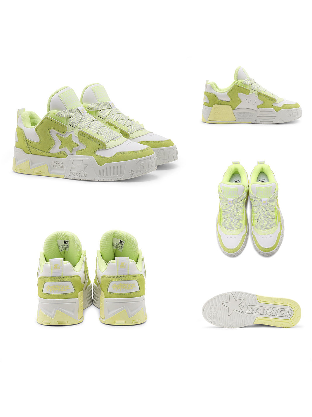 STARTER VOL 90S SONIC Lime Yellow sneakers in rear, side, top and outsole views, showing layered stars and molded tread