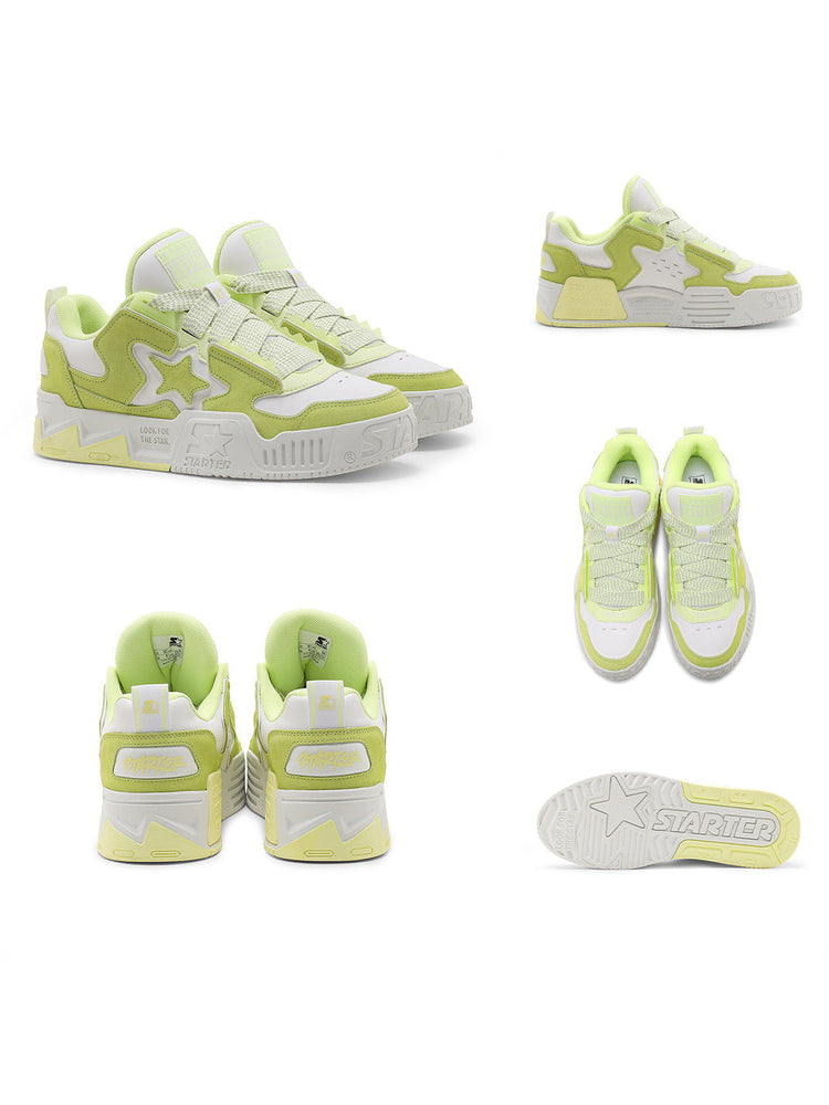 STARTER VOL 90S SONIC Lime Yellow sneakers in rear, side, top and outsole views, showing layered stars and molded tread