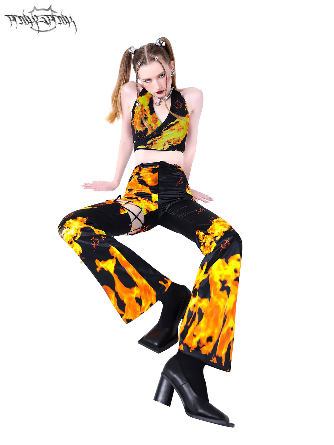 PINKSPINK ELECTRIC MOON cutout detachable flare pants — alternate angle showing the shape and finish