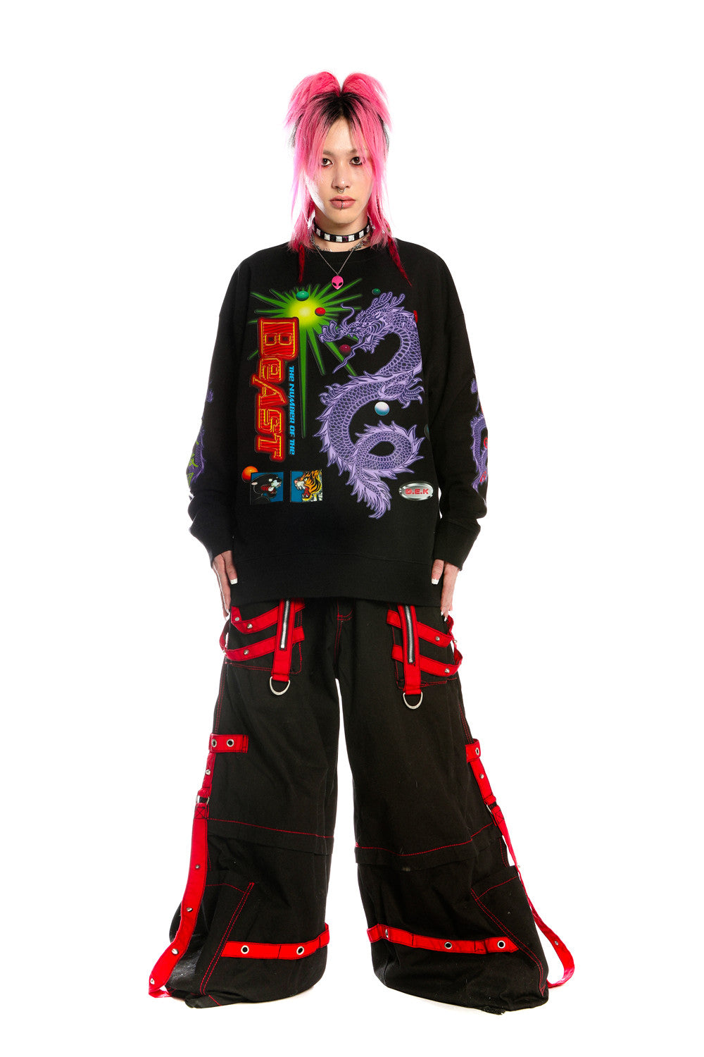 DEADENDKIDS DRAGON PUNK graphic sweatshirt — full-length modeled view