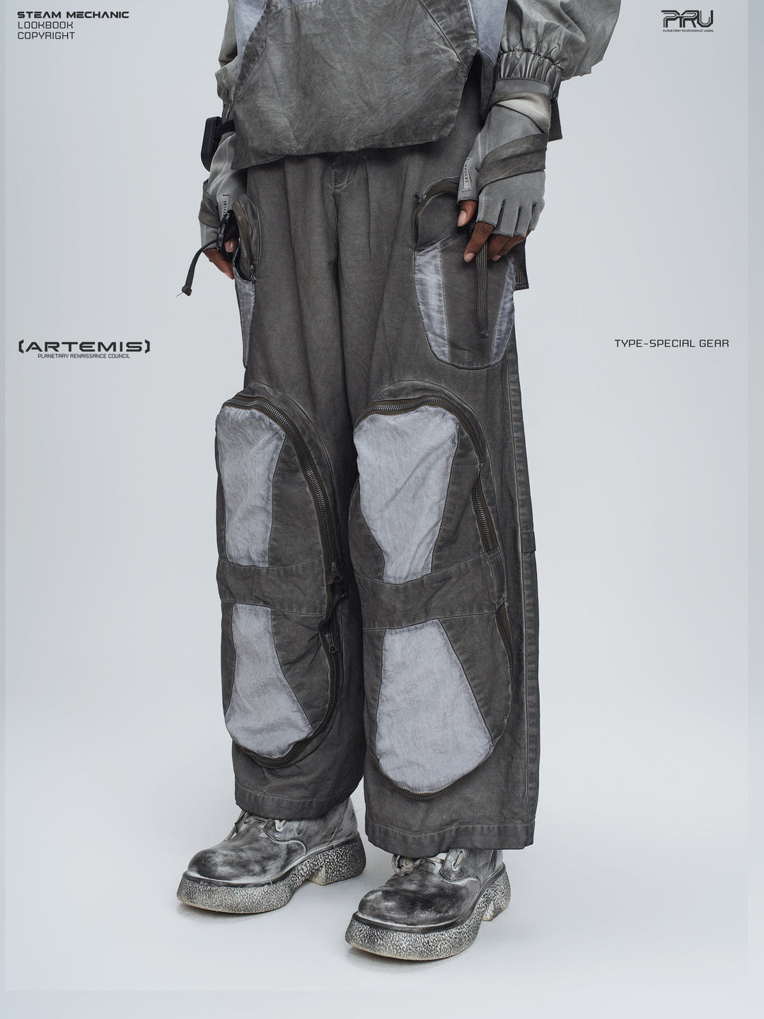 PIONEER moon dust gray welded multi-pocket work pants — side modeled view