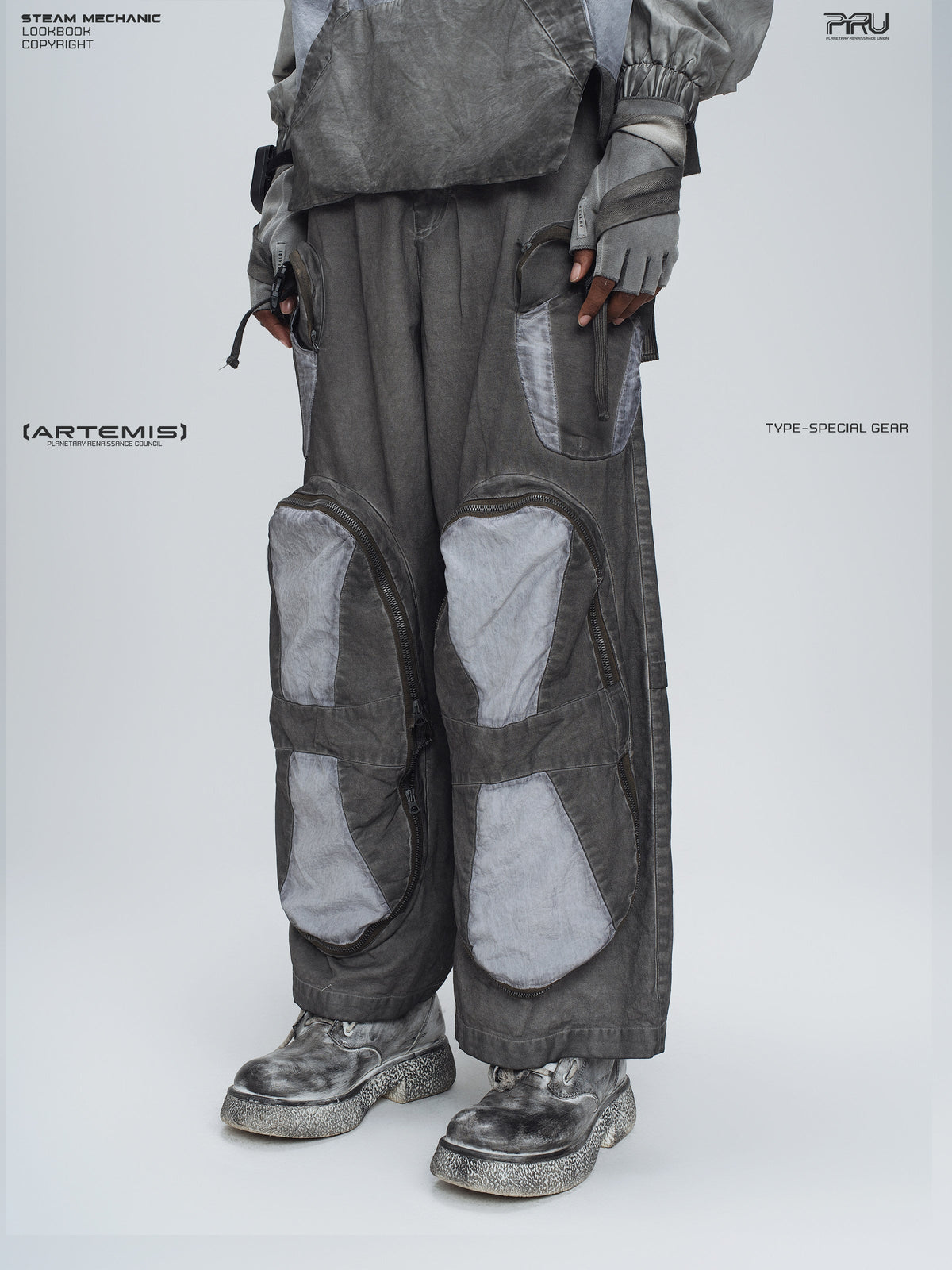 PIONEER moon dust gray welded multi-pocket work pants — side modeled view