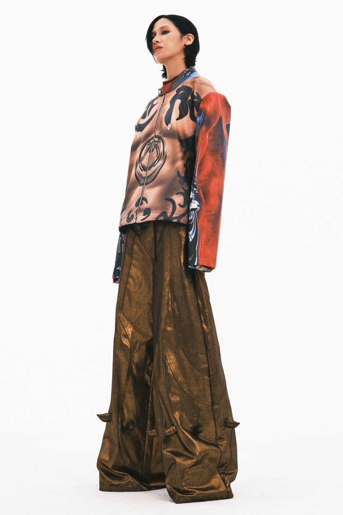 EMBRYO POWER TOTEM muscle-print PU leather jacket — construction and silhouette detail