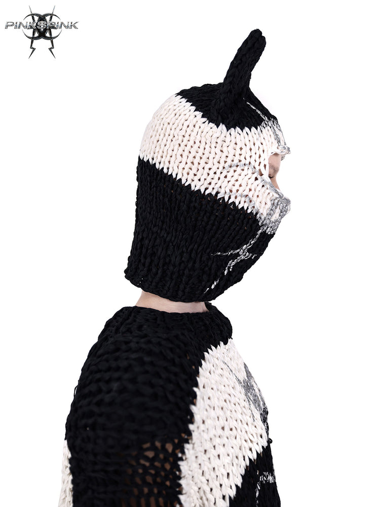 PINKSPINK MIRROR striped open-knit padded-shoulder sweater in black white stripes — profile detail of the open-knit shoulder and neckline