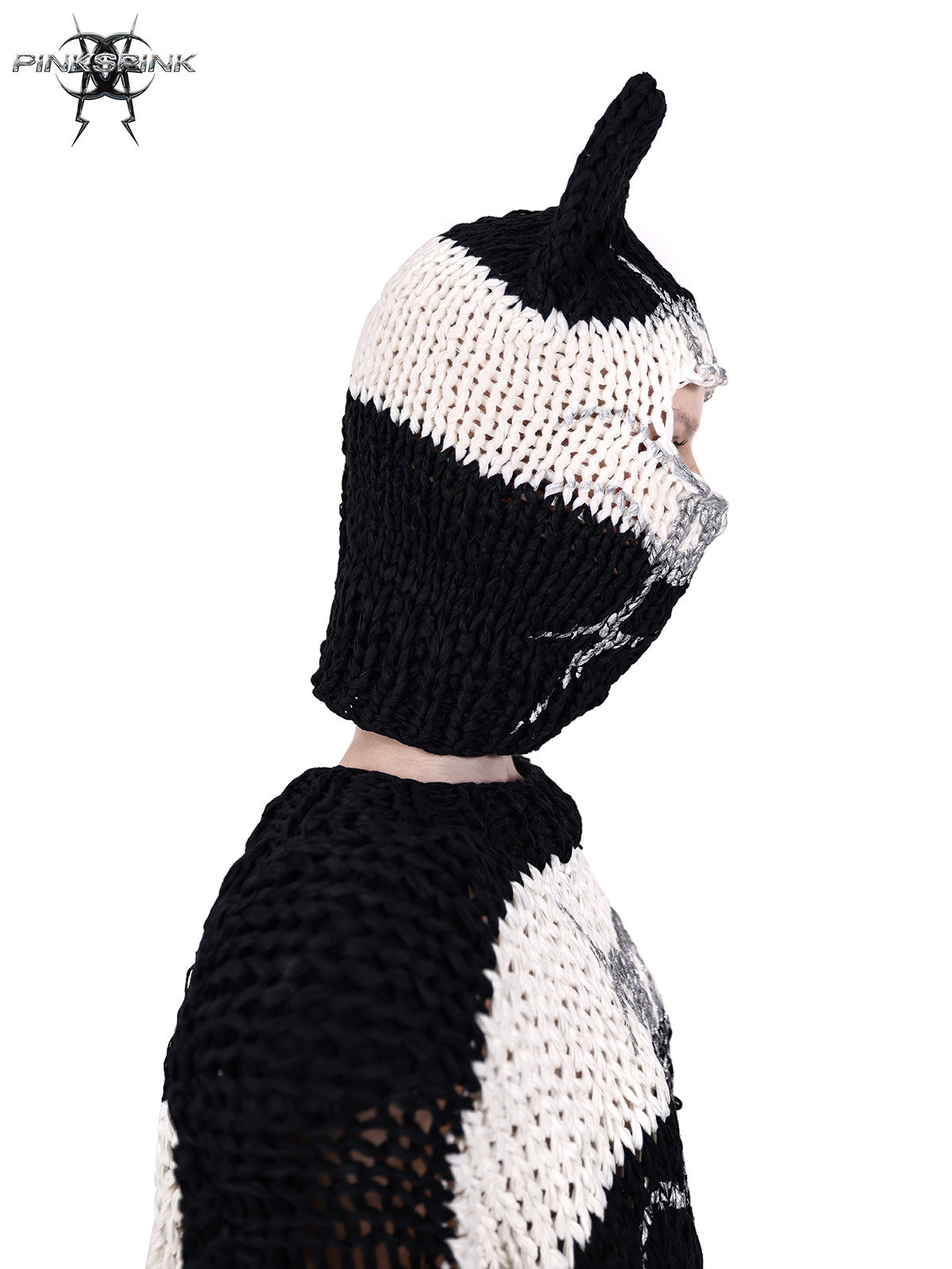 PINKSPINK MIRROR striped cat-ear knit balaclava in black white stripes — opposite-profile modeled close-up