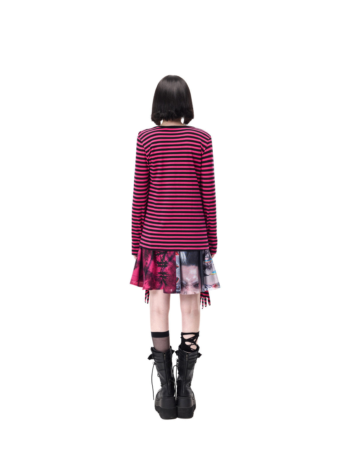 PINKSPINK GHOSTHAND striped glove-sleeve tee in pink and black — full-length rear modeled view showing the plain striped back