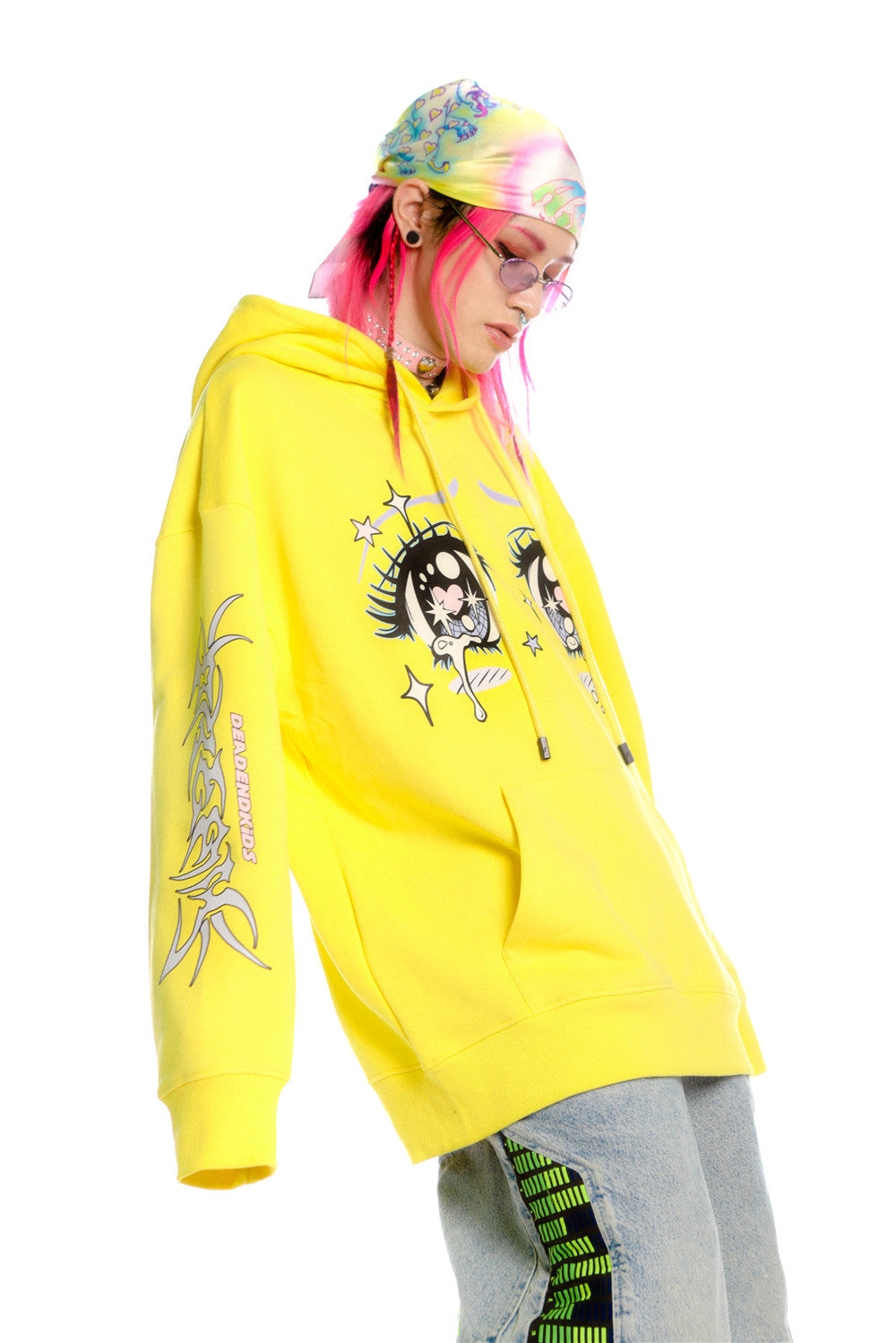 DEADENDKIDS ANIME TEARS oversized graphic hoodie — full-length modeled view