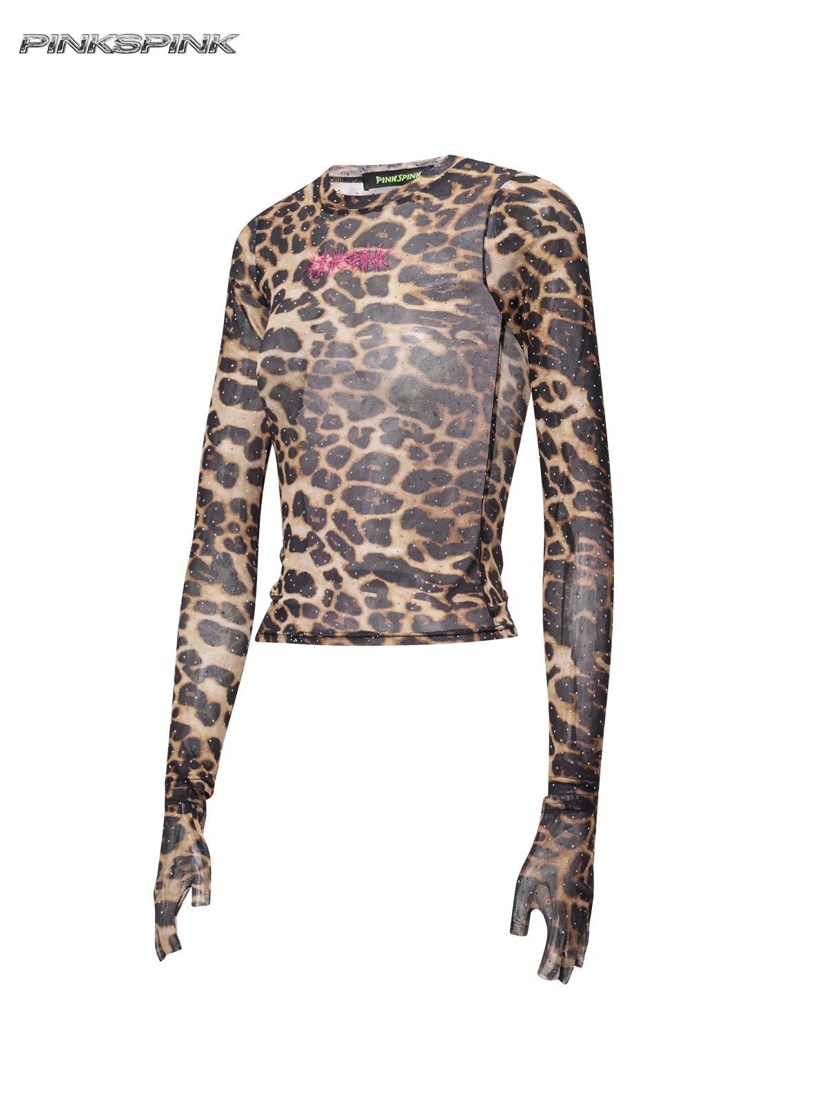 PINKSPINK VENOM rhinestone leopard mesh tee in brown leopard — garment-only front view showing elongated sleeve ends