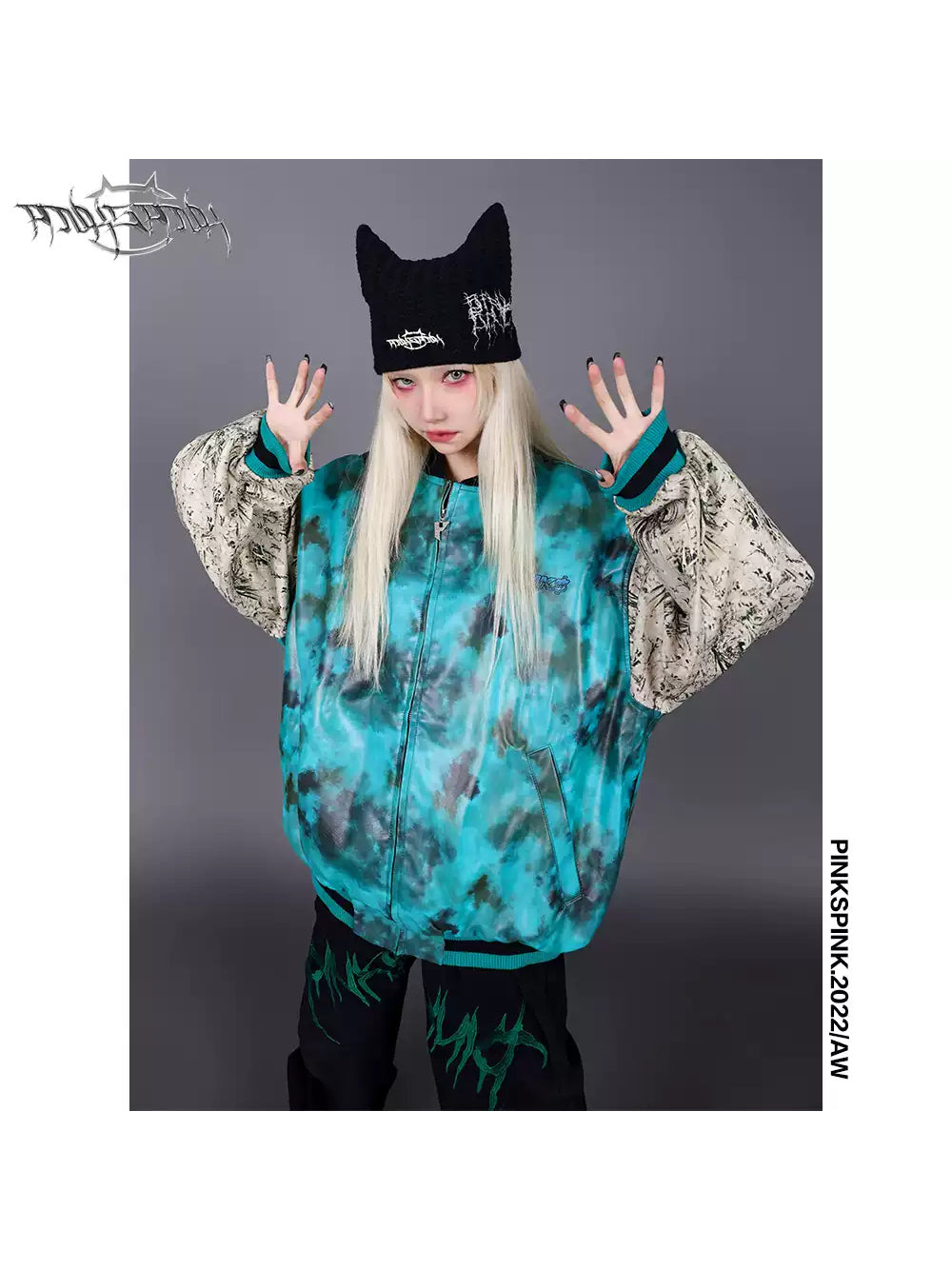 PINKSPINK SPHYNX thorn-embroidered cat-ear beanie — alternate modeled view showing the silhouette