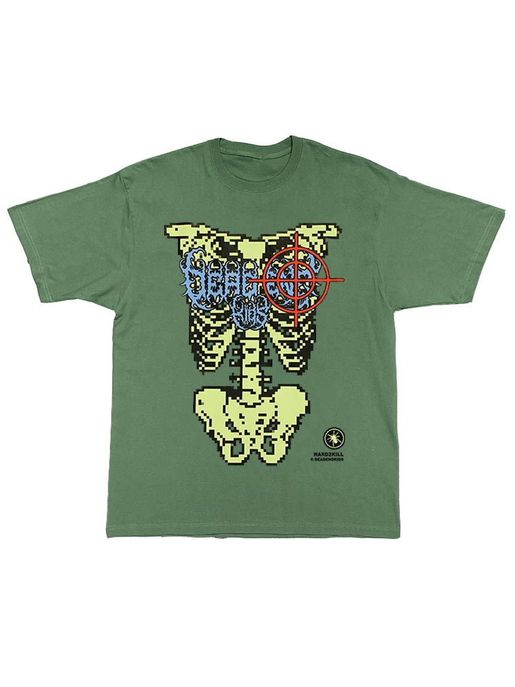 DEADENDKIDS SKELETON RIOT oversized graphic tee — alternate modeled angle