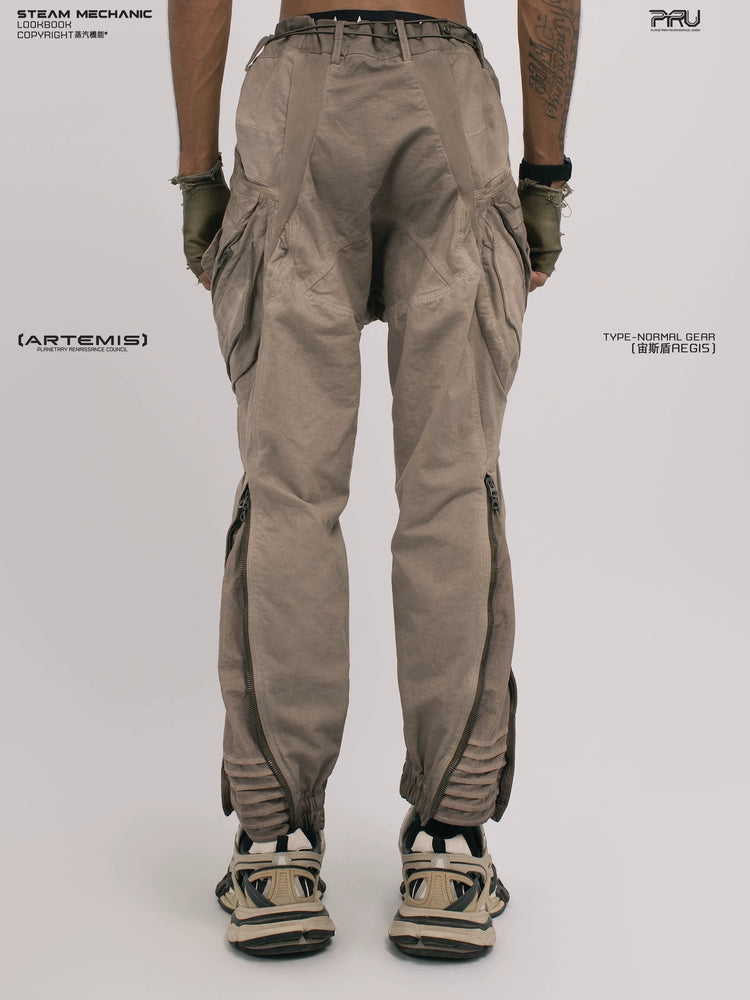 AEGIS xirang brown multi-pocket moto pants — rear modeled view