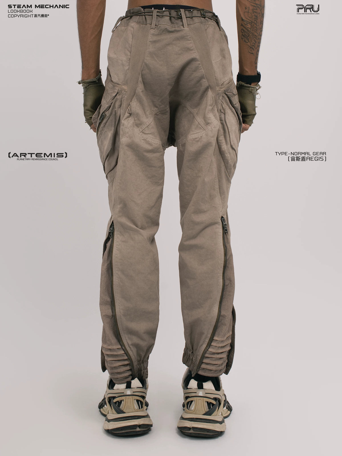 AEGIS xirang brown multi-pocket moto pants — rear modeled view