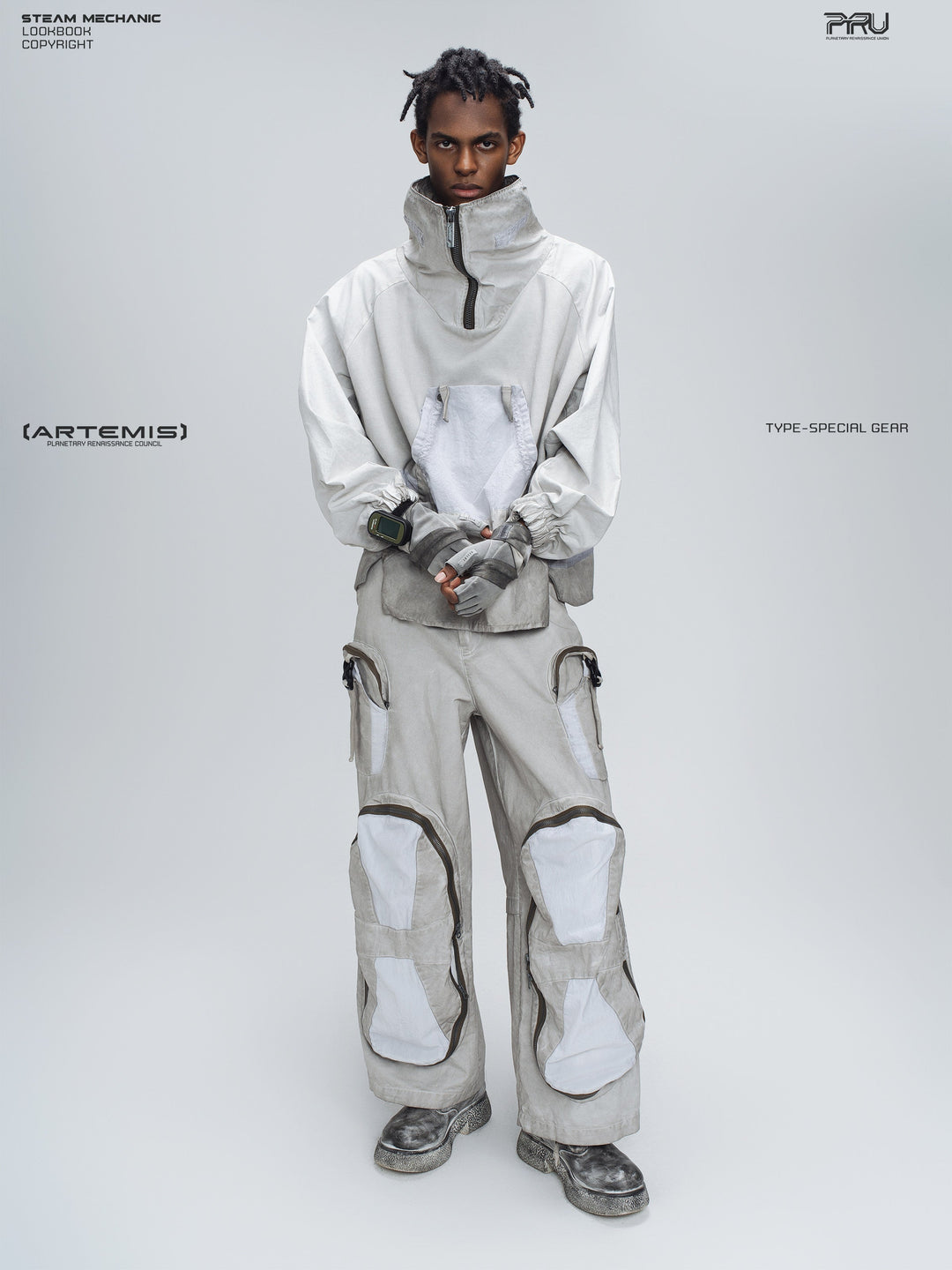 PIONEER eris white welded multi-pocket work pants — full-length styled view