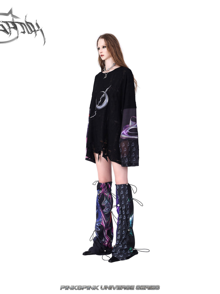 PINKSPINK COSMOS drawcord patchwork leg warmers in black purple multicolor — side modeled view styled with a black tee