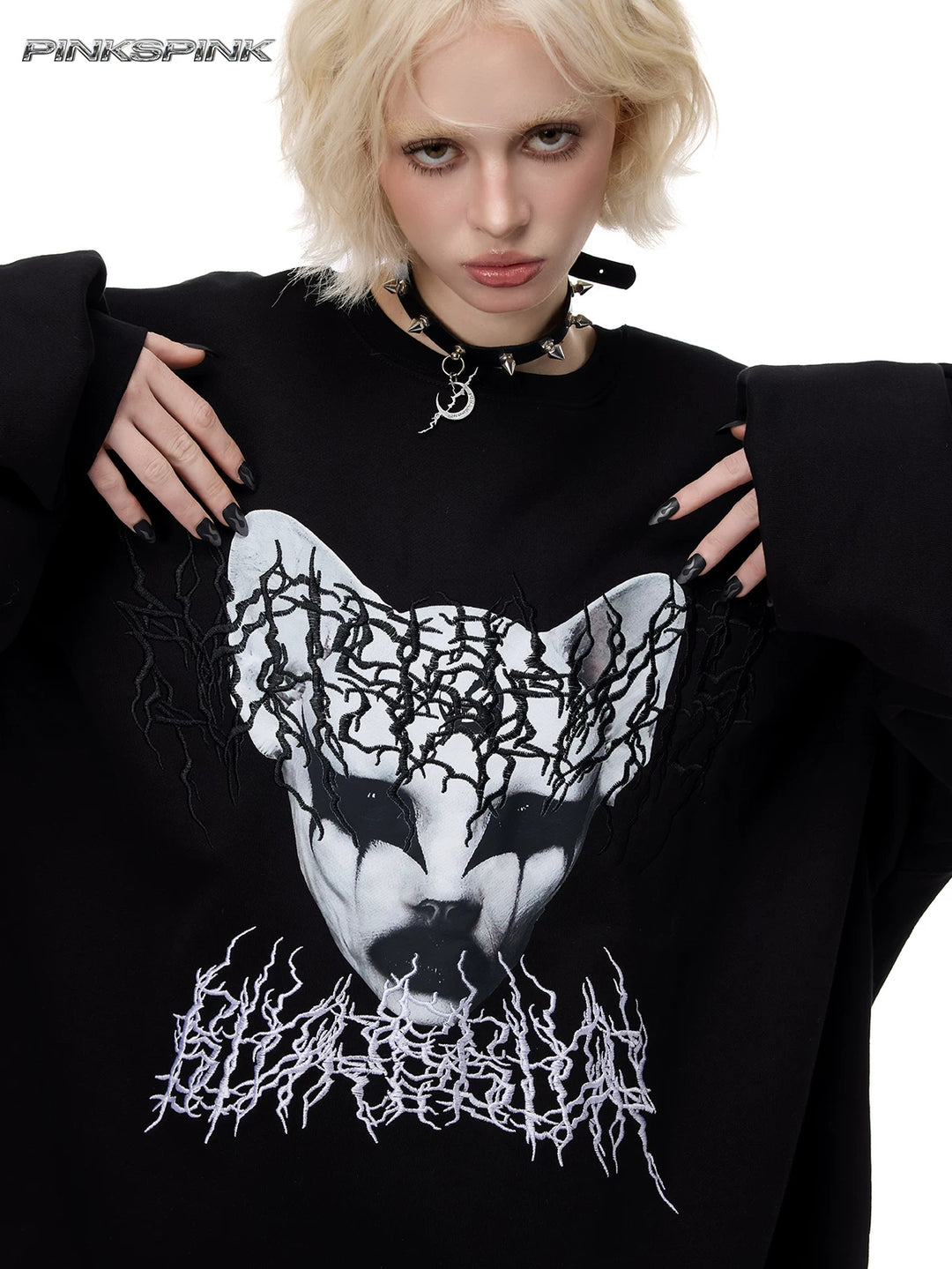 PINKSPINK CAT ALIEN embroidered oversized sweatshirt — close-up of raised cat graphic and lettering