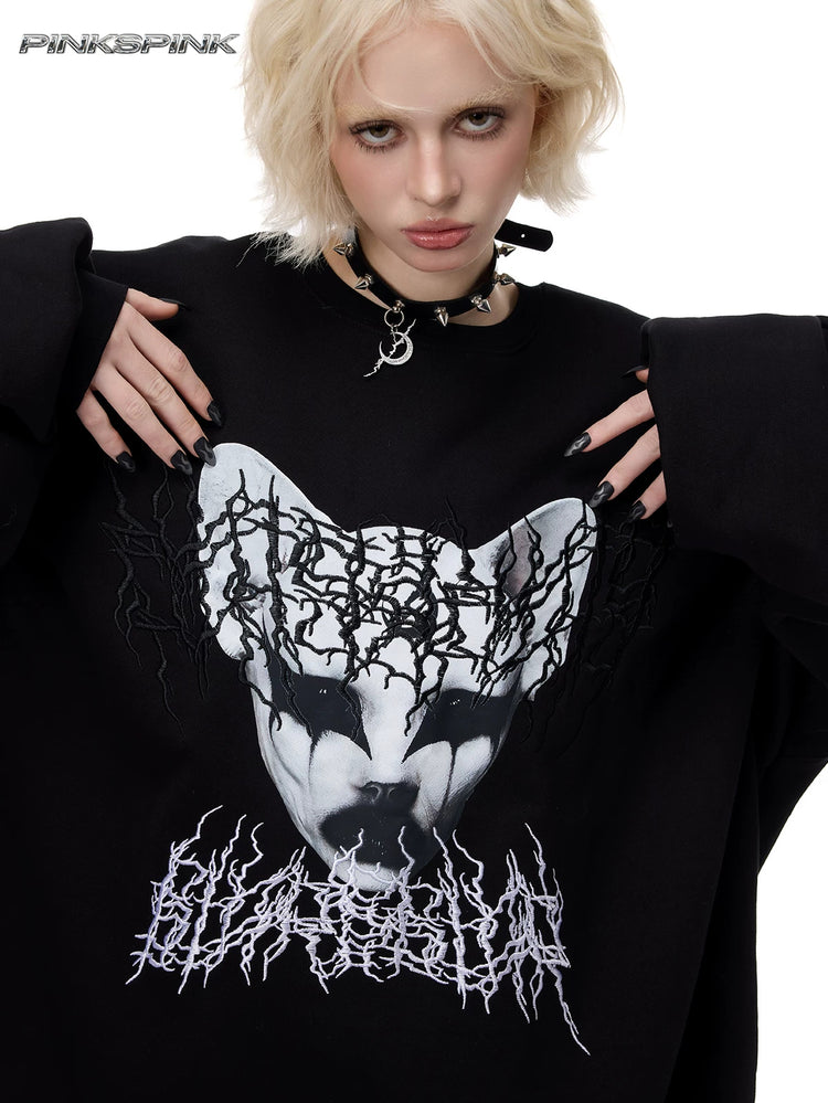 PINKSPINK CAT ALIEN embroidered oversized sweatshirt — close-up of raised cat graphic and lettering