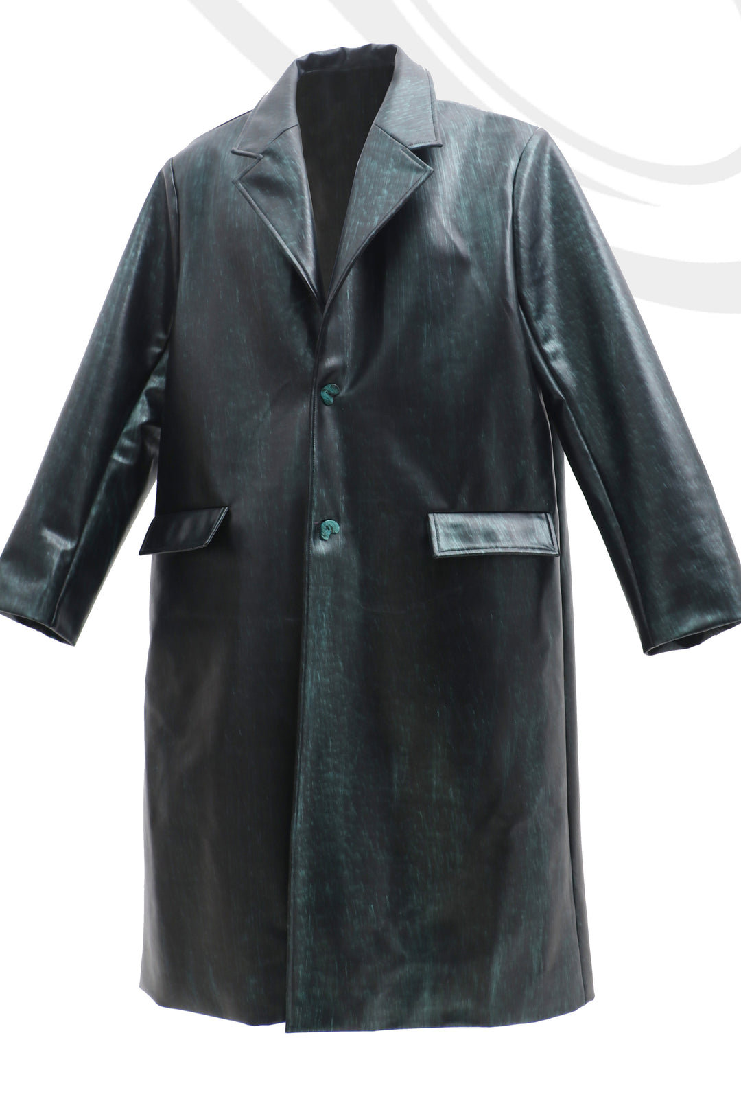 EMBRYO MATRIX buckle PU leather trench coat — alternate modeled angle