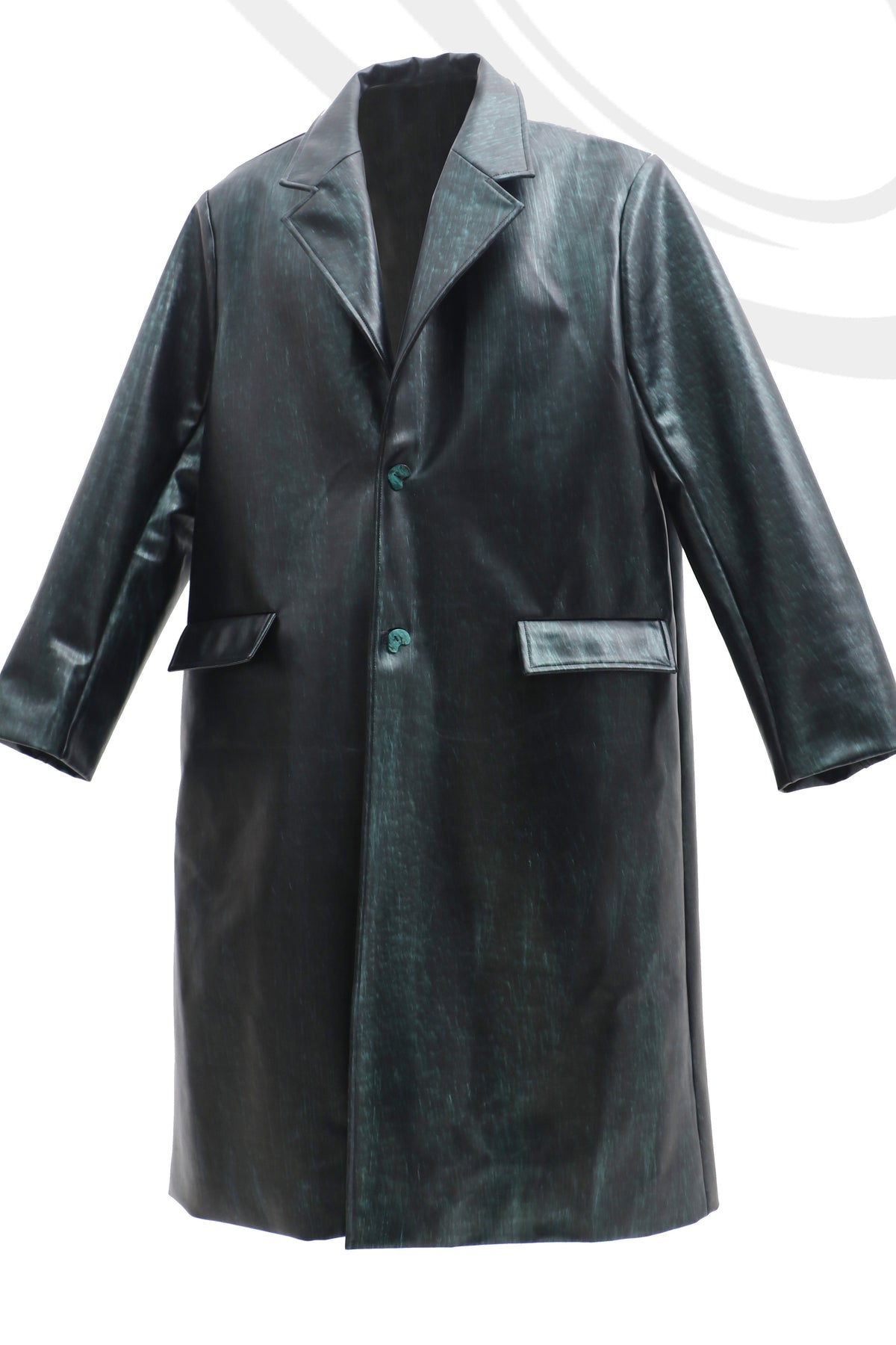 EMBRYO MATRIX buckle PU leather trench coat — alternate modeled angle