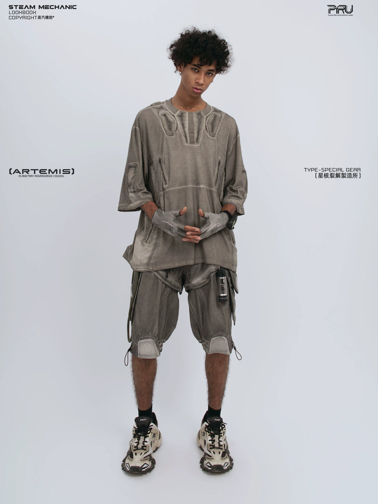 STARCORE xirang brown distressed mesh tee — alternate modeled angle