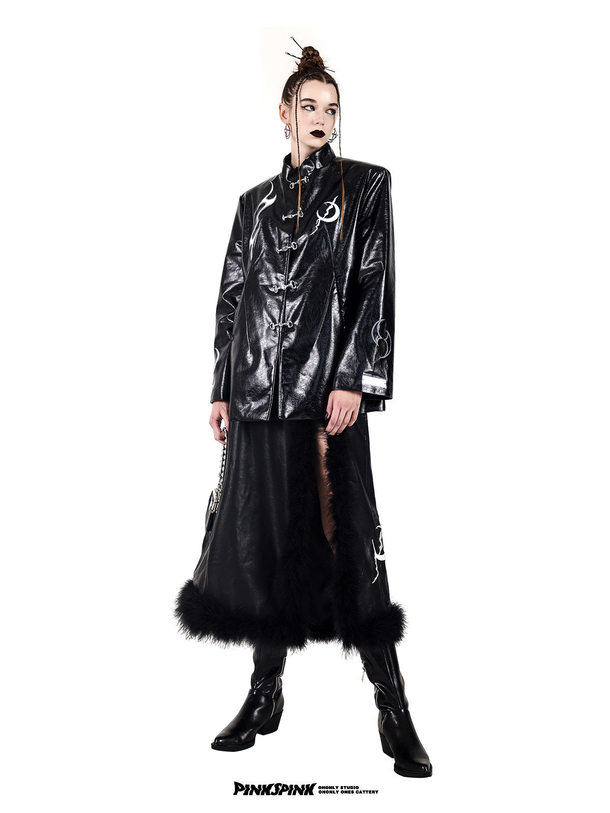 PINKSPINK ELECTRIC MOON embroidered buckle jacket — black full-length front view with the model looking to the side