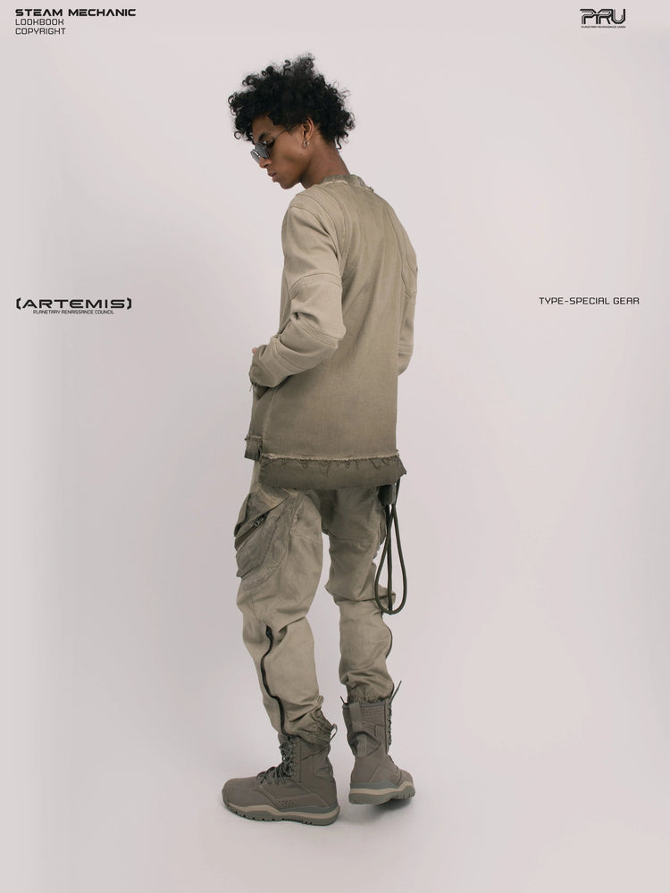 CHAOS ERA xirang brown raw-edge long-sleeve top — full-length rear three-quarter view looking left