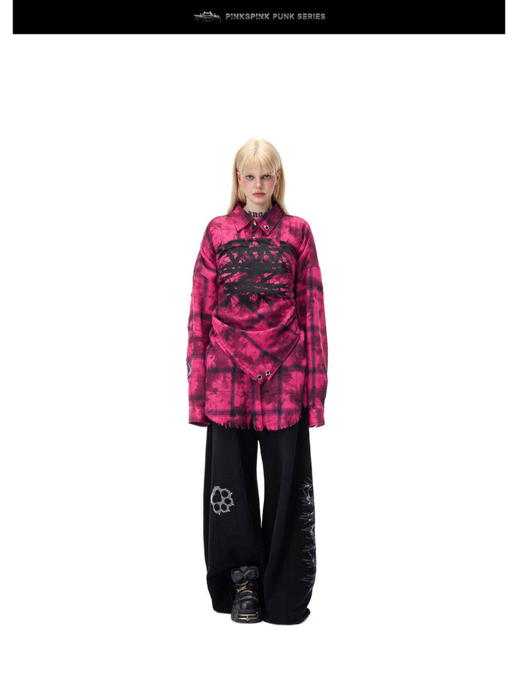 PINKSPINK ELECTRIC MOON distressed oversized plaid shirt in pink and black plaid — full-length front modeled view styled with a matching scarf