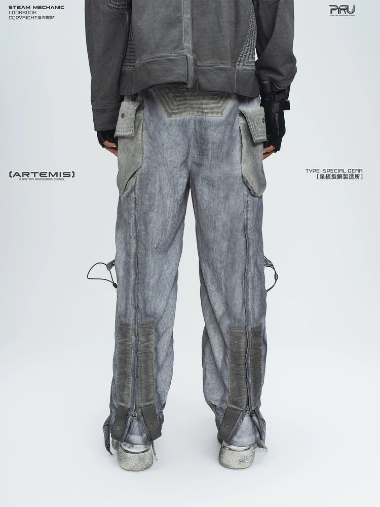 STARCORE moon dust gray engineer utility pants — rear modeled view