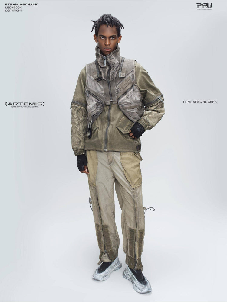FISSION modular vest in mercury brown — full-length modeled front view