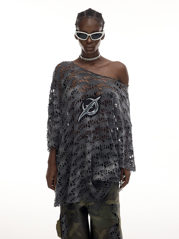 PINKSPINK ELECTRIC MOON distressed open-knit oversized tee in charcoal gray — mid-length front modeled view with braided hair