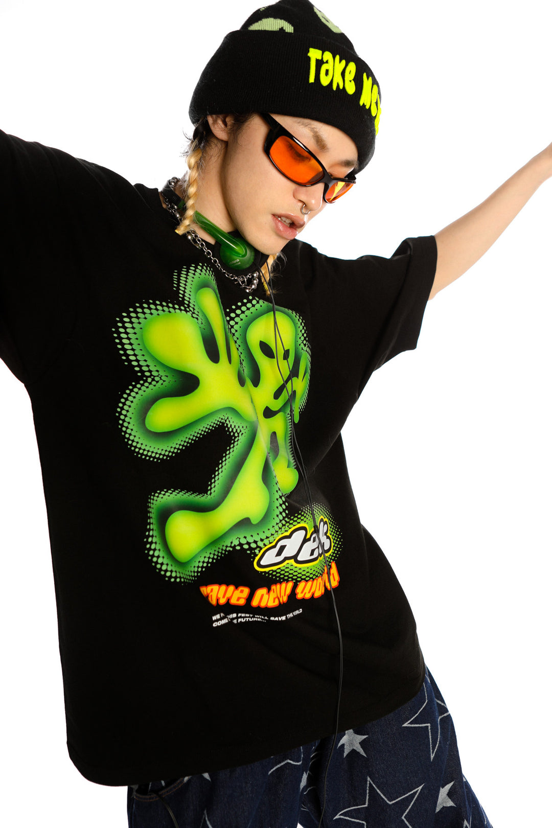 DEADENDKIDS ALIEN INVASION oversized graphic tee — full-length modeled view