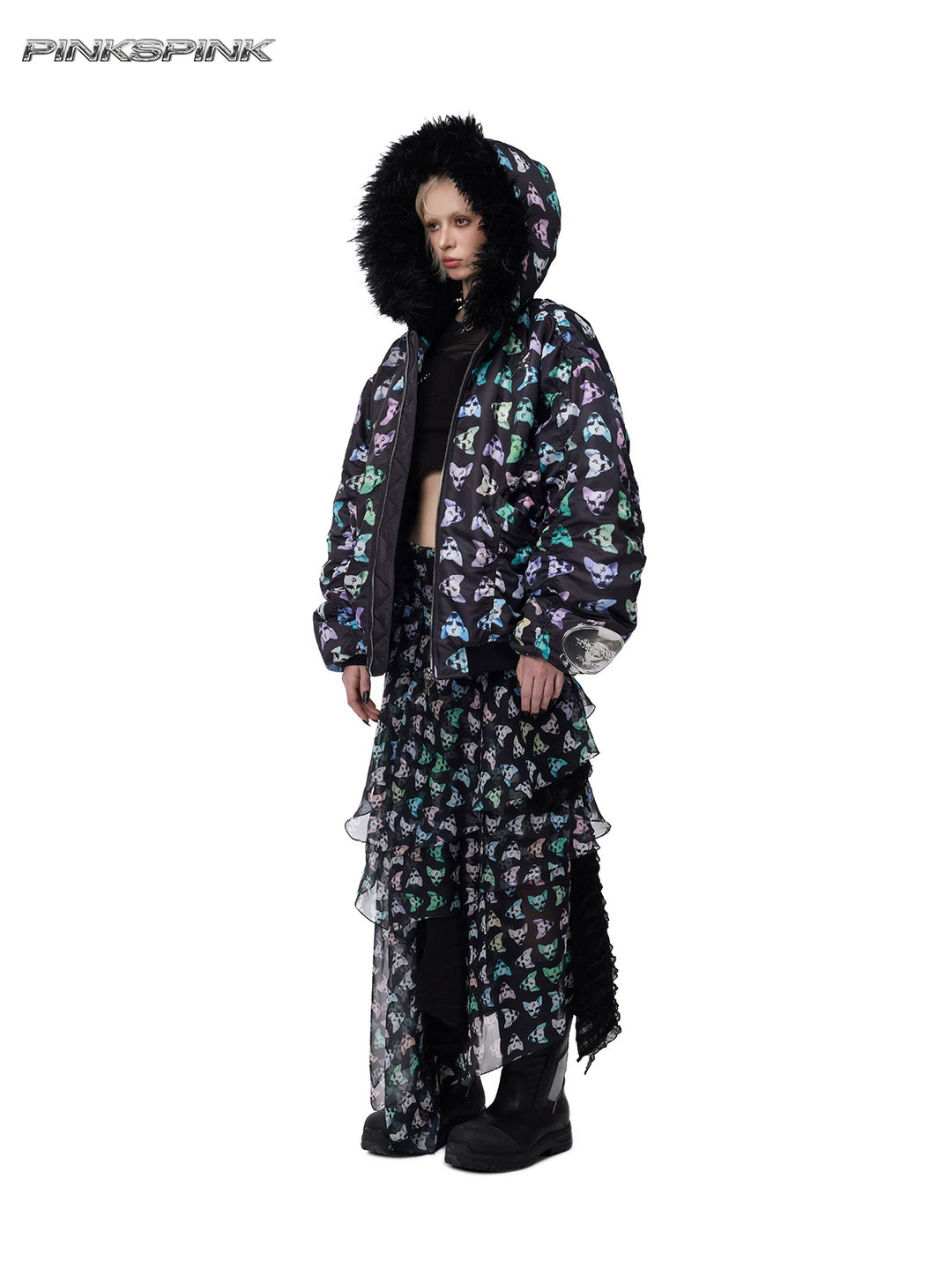 PINKSPINK CAT ALIEN asymmetric mesh maxi skirt — three-quarter styling with matching graphic jacket