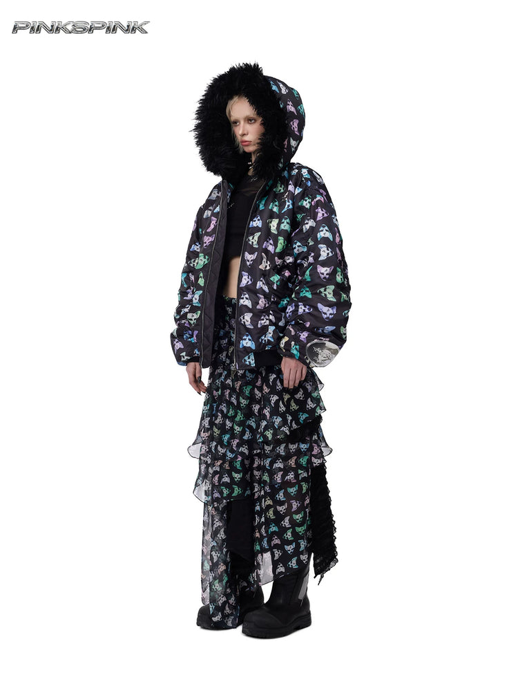 PINKSPINK CAT ALIEN asymmetric mesh maxi skirt — three-quarter styling with matching graphic jacket
