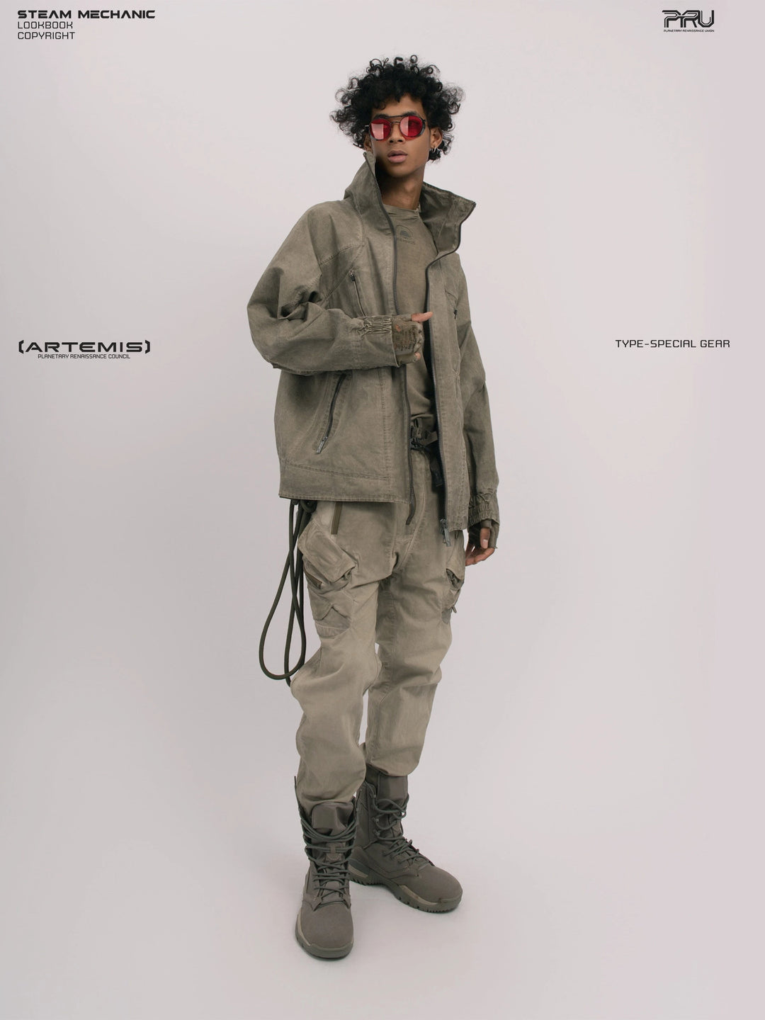 ARTEMIS xirang brown tuck-paneled technical jacket — side modeled view
