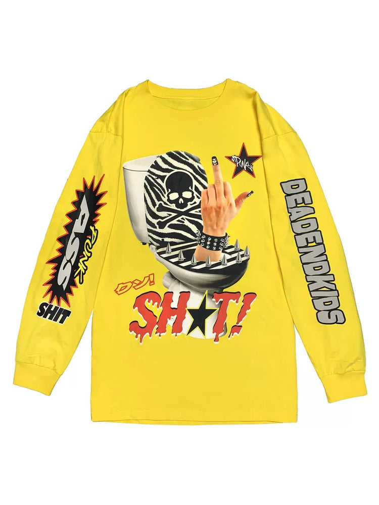 DEADENDKIDS MIDDLE FINGER oversized long-sleeve tee — material and print detail