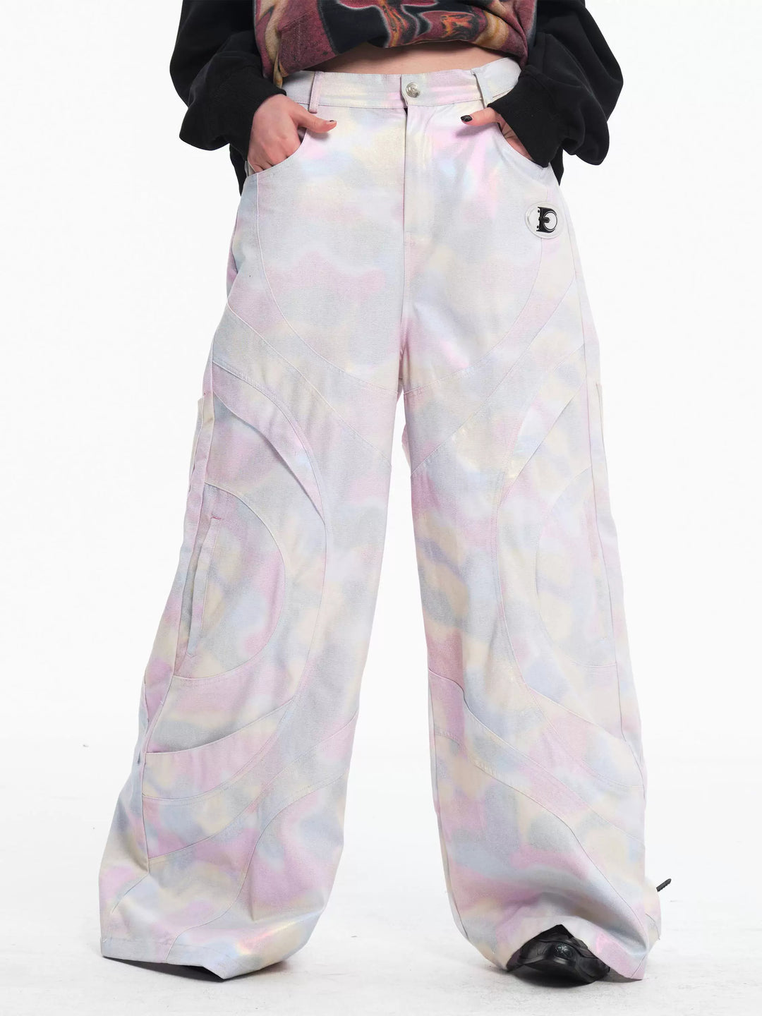 EMBRYO REFLECTIVE CAMO deconstructed wide-leg pants — front product presentation