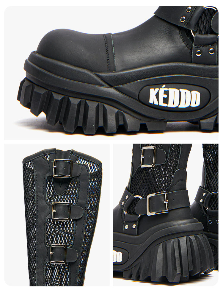 KEDDO KEYBOARD mesh buckle platform boots in BLACK — detail collage showing leather upper, diamond mesh, buckles and sculpted sole.
