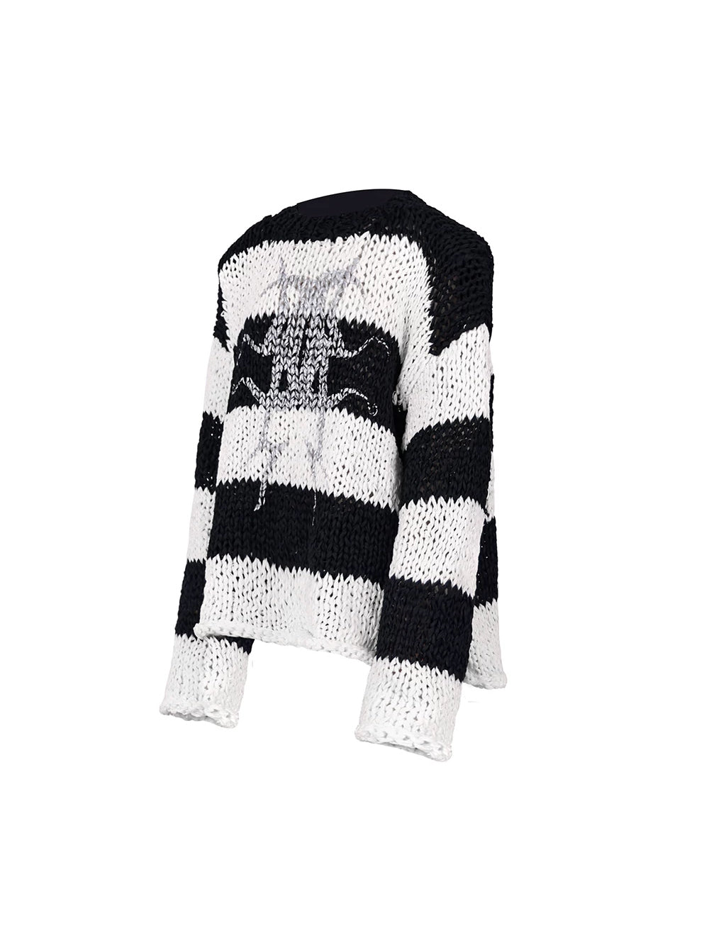 PINKSPINK MIRROR striped open-knit padded-shoulder sweater in black white stripes — front garment-only view of the striped sweater