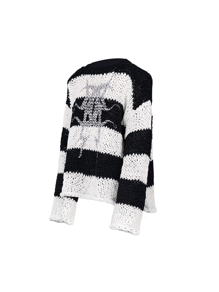 PINKSPINK MIRROR striped open-knit padded-shoulder sweater in black white stripes — front garment-only view of the striped sweater